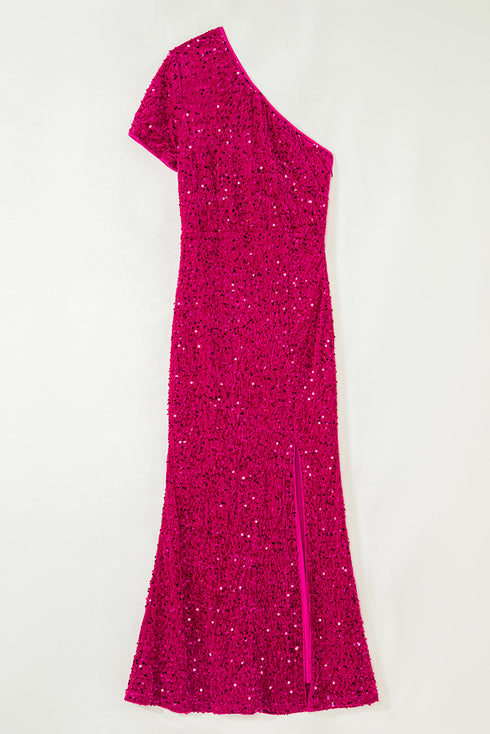 Sequin One Shoulder Thigh High Slit Bodycon Gown